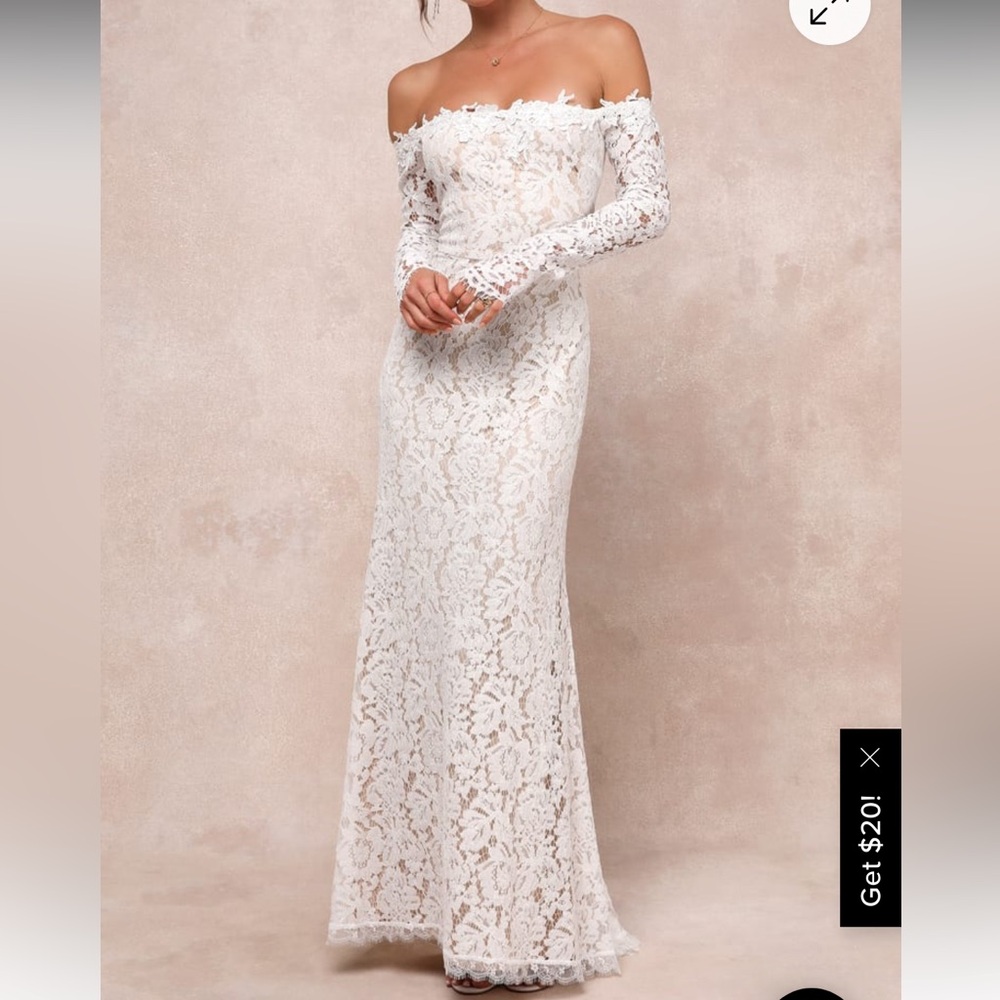 Elegant Lulu’s White Lace Off-Shoulder Gown